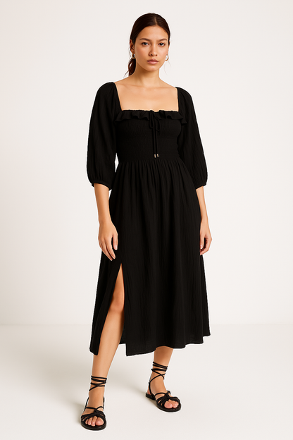 Damklänning A-linje – Bomullsblandning – V-ringning med volang – Smockmidja – Lång ärm