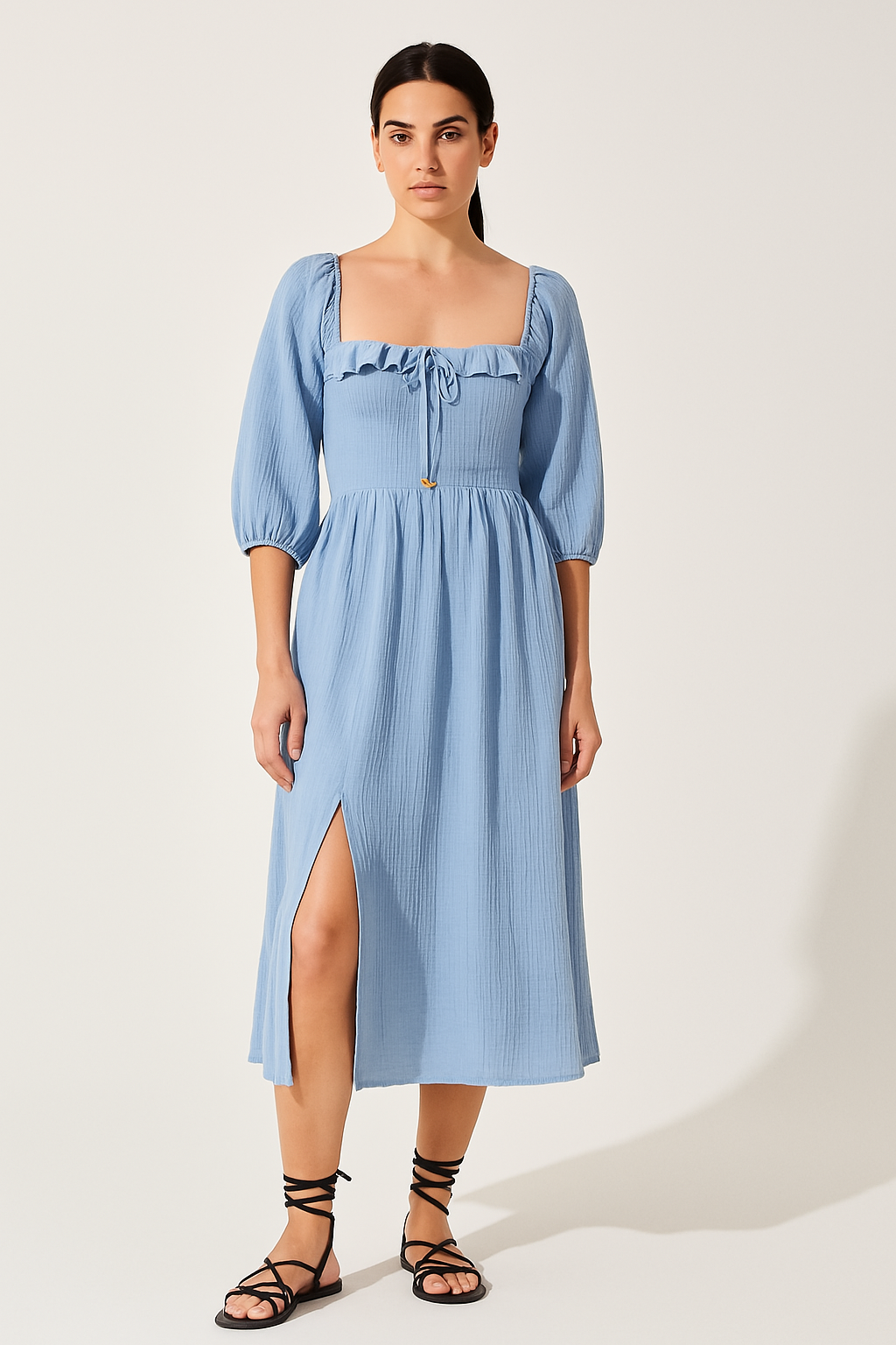 Damklänning A-linje – Bomullsblandning – V-ringning med volang – Smockmidja – Lång ärm