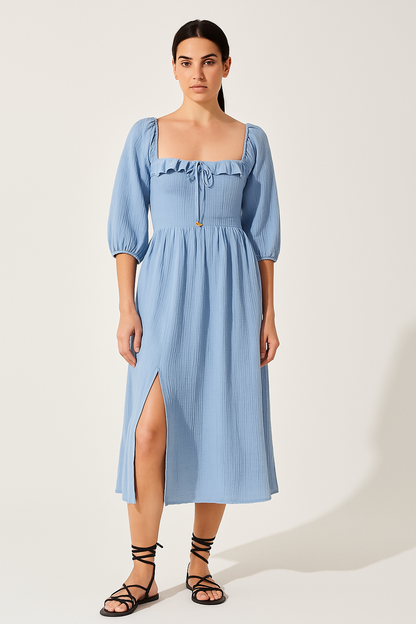 Damklänning A-linje – Bomullsblandning – V-ringning med volang – Smockmidja – Lång ärm