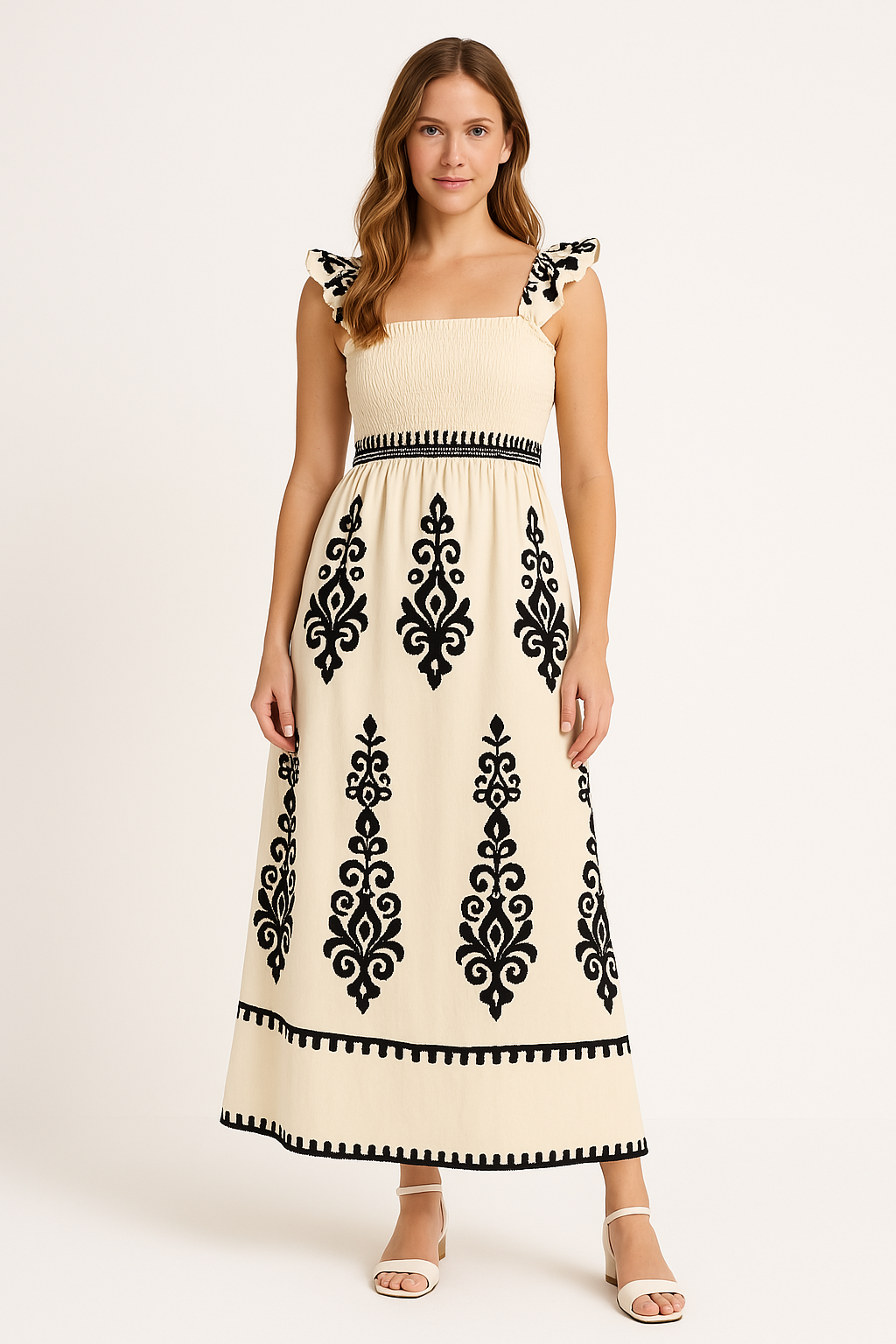 Damklänning maxi – Bohemiskt mönster – Lätt bomull – Smockliv – Volangband