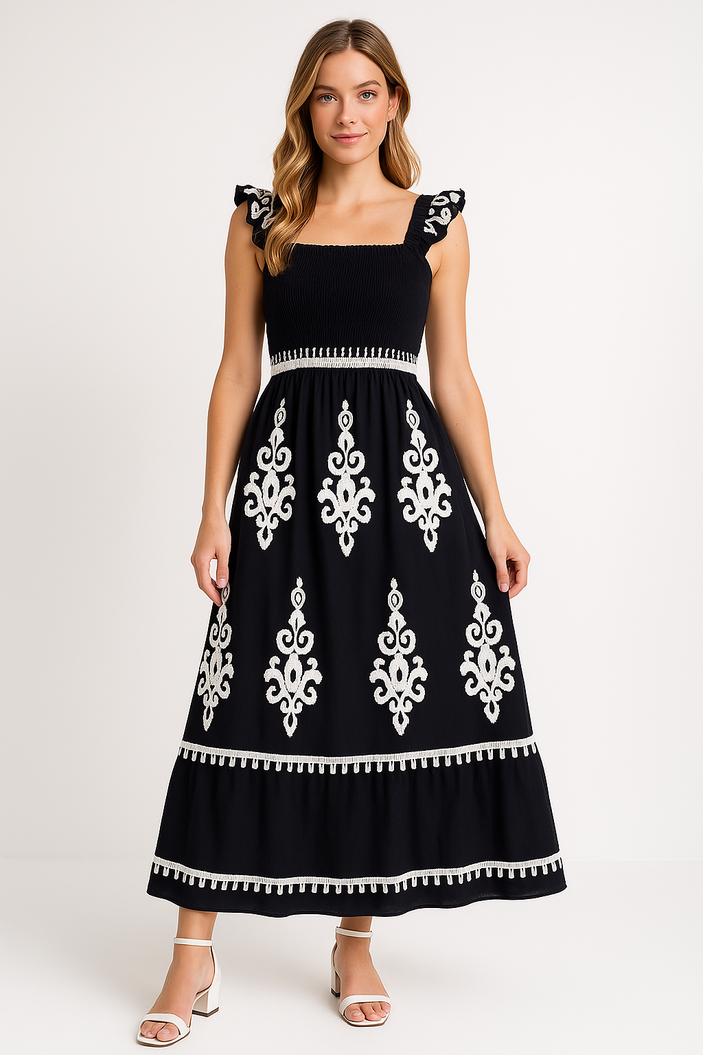 Damklänning maxi – Bohemiskt mönster – Lätt bomull – Smockliv – Volangband