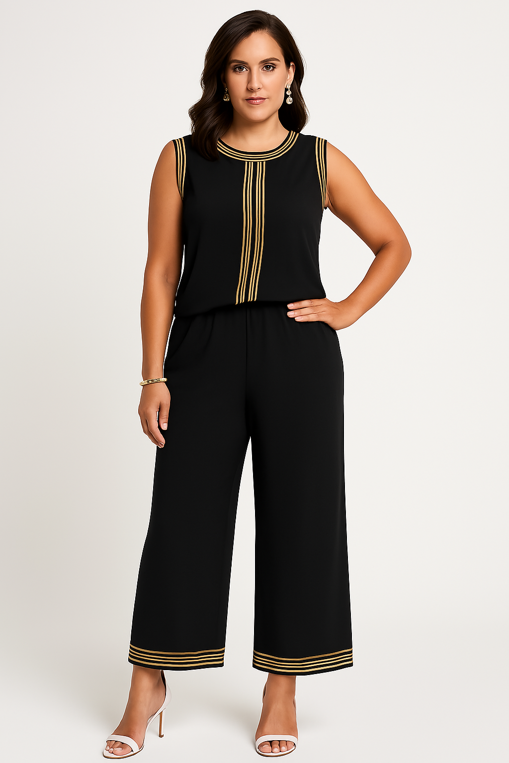 Damset med ärmlös topp och vida byxor – avslappnad passform – mjukt tunt tyg