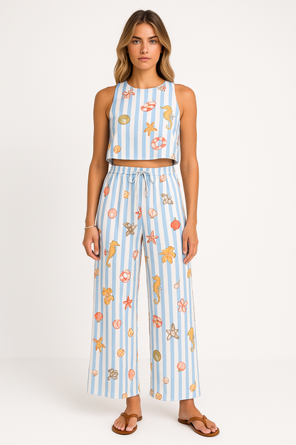 Damset – Linnebyxa med Vida Ben & Ärmlös Croppad Topp – Randigt Tryck – Avslappnad Passform