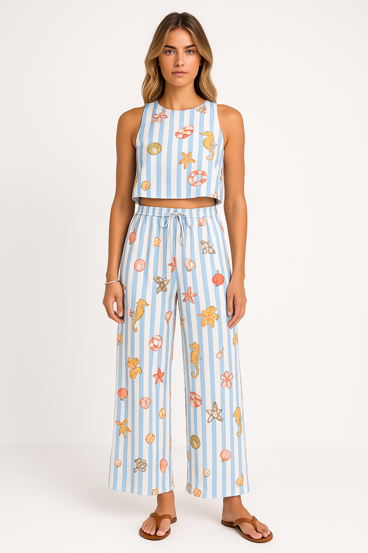 Damset – Linnebyxa med Vida Ben & Ärmlös Croppad Topp – Randigt Tryck – Avslappnad Passform