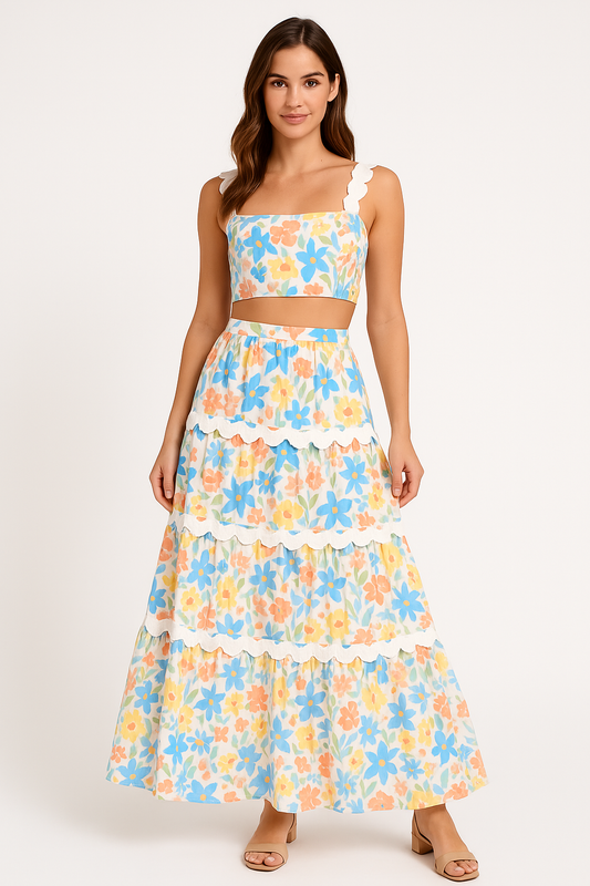 Damset – Croppad topp med spetsdetaljer – Högmidjad kjol med volanger i bomullsblandning