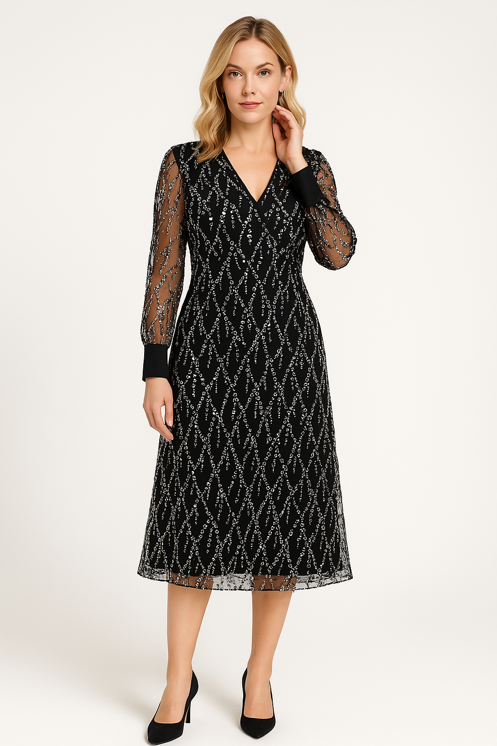 Damklänning i hellång modell – Smal passform – Paljettdekorerad – V-ringning – Långa ärmar