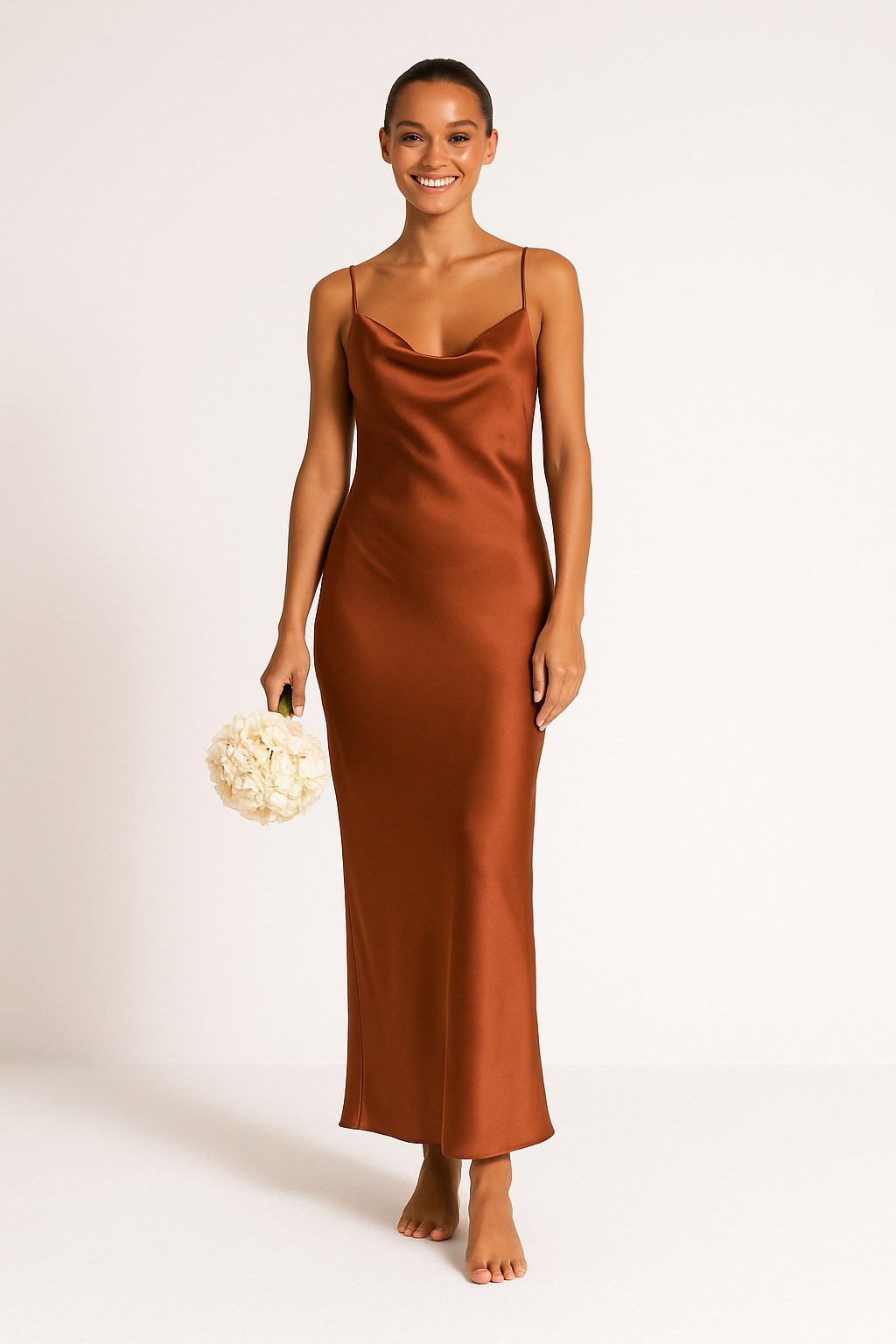 Damklänning – Satäng – Smal Passform – Cowl Neck – Ärmös Maxilängd – Festklänning