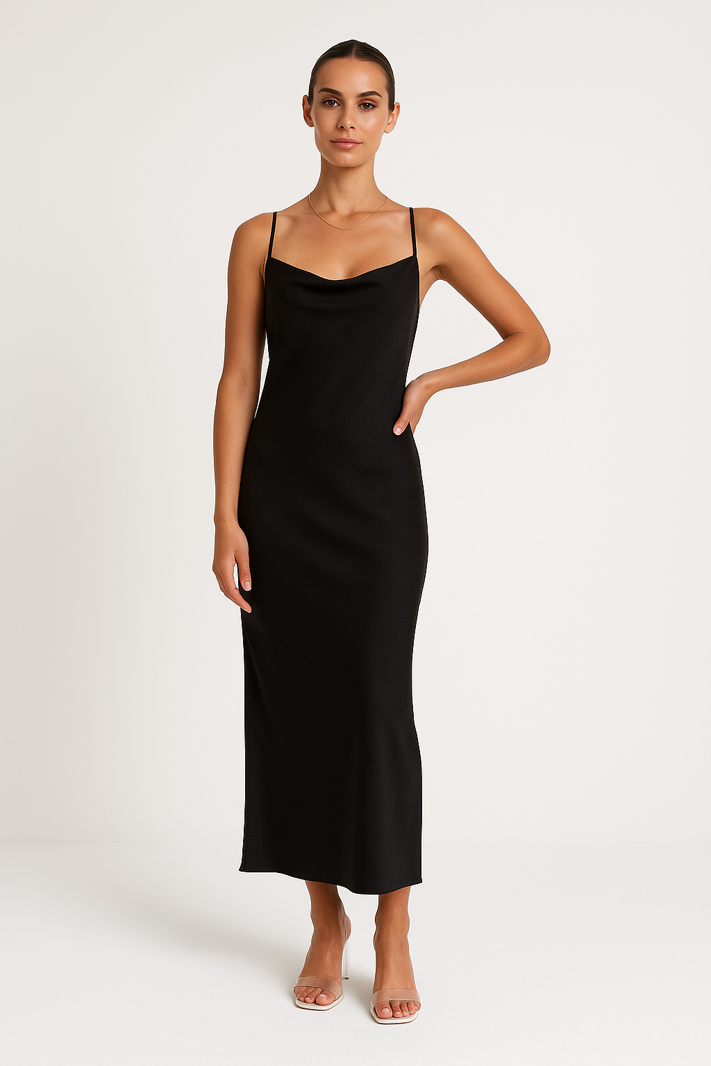 Damklänning – Satäng – Smal Passform – Cowl Neck – Ärmös Maxilängd – Festklänning