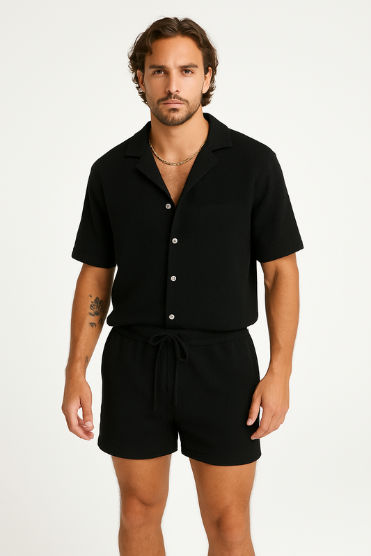 Herrarnas outfitset – Texturerad skjorta med knappar – Avslappnad passform – Dragskoshorts