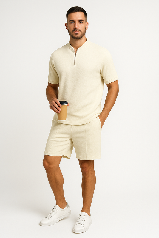 Herrset med zip-tröja och shorts – Avslappnad passform – Lätt och andningsbar waffle-knit