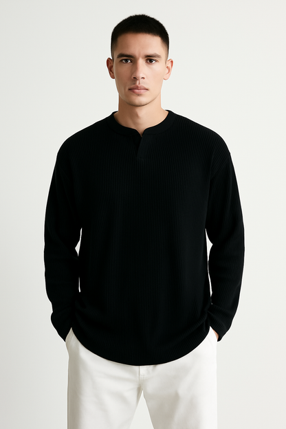 Herr långärmad T-shirt – Ribbstickad – Avslappnad passform – V-ringning – Andningsbar