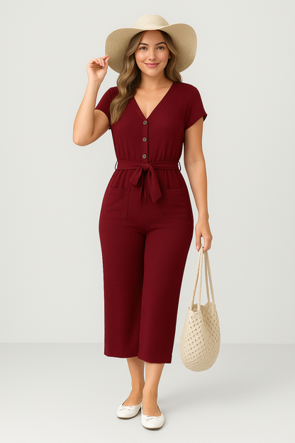 Dam jumpsuit – V-ringning – Kort ärm – Avslappnad passform – Bälte – Knäppning – Fickor