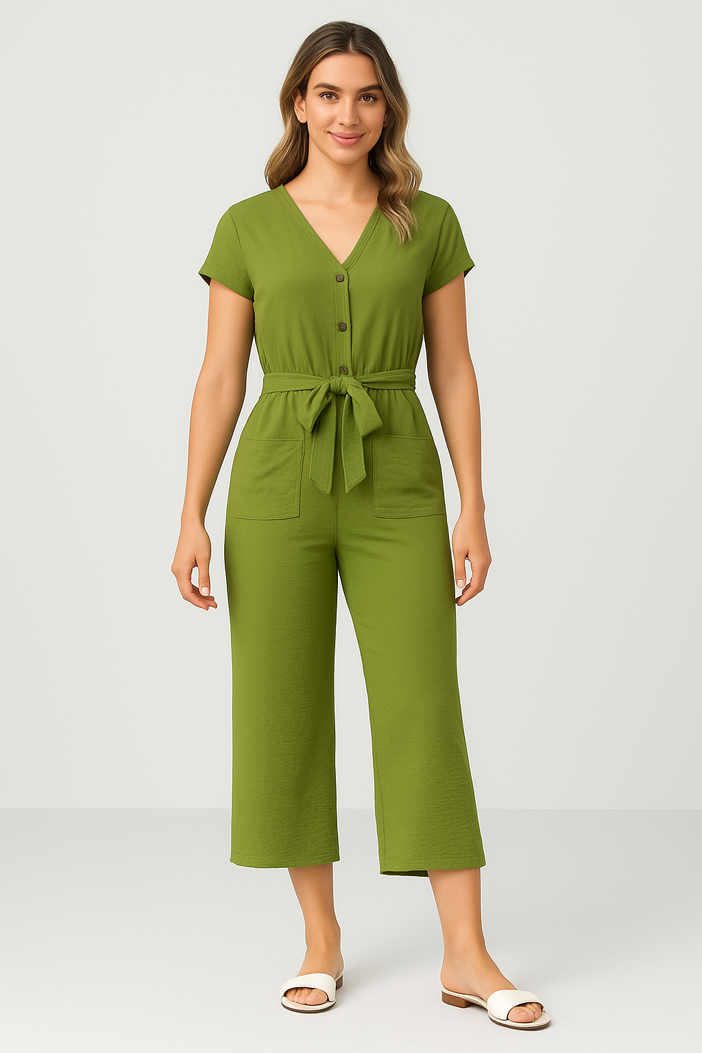 Dam jumpsuit – V-ringning – Kort ärm – Avslappnad passform – Bälte – Knäppning – Fickor