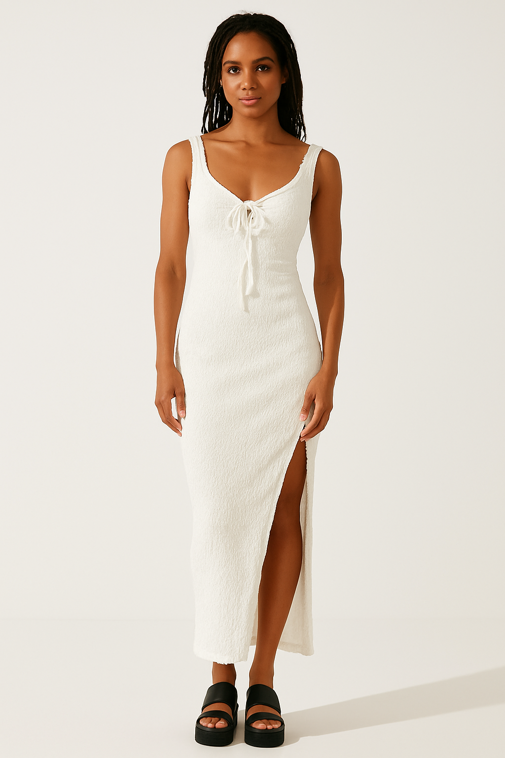 Damklänning maxi – Slim fit – Öppen rygg – Knytning framtill – Texturerat tyg – Hög slits