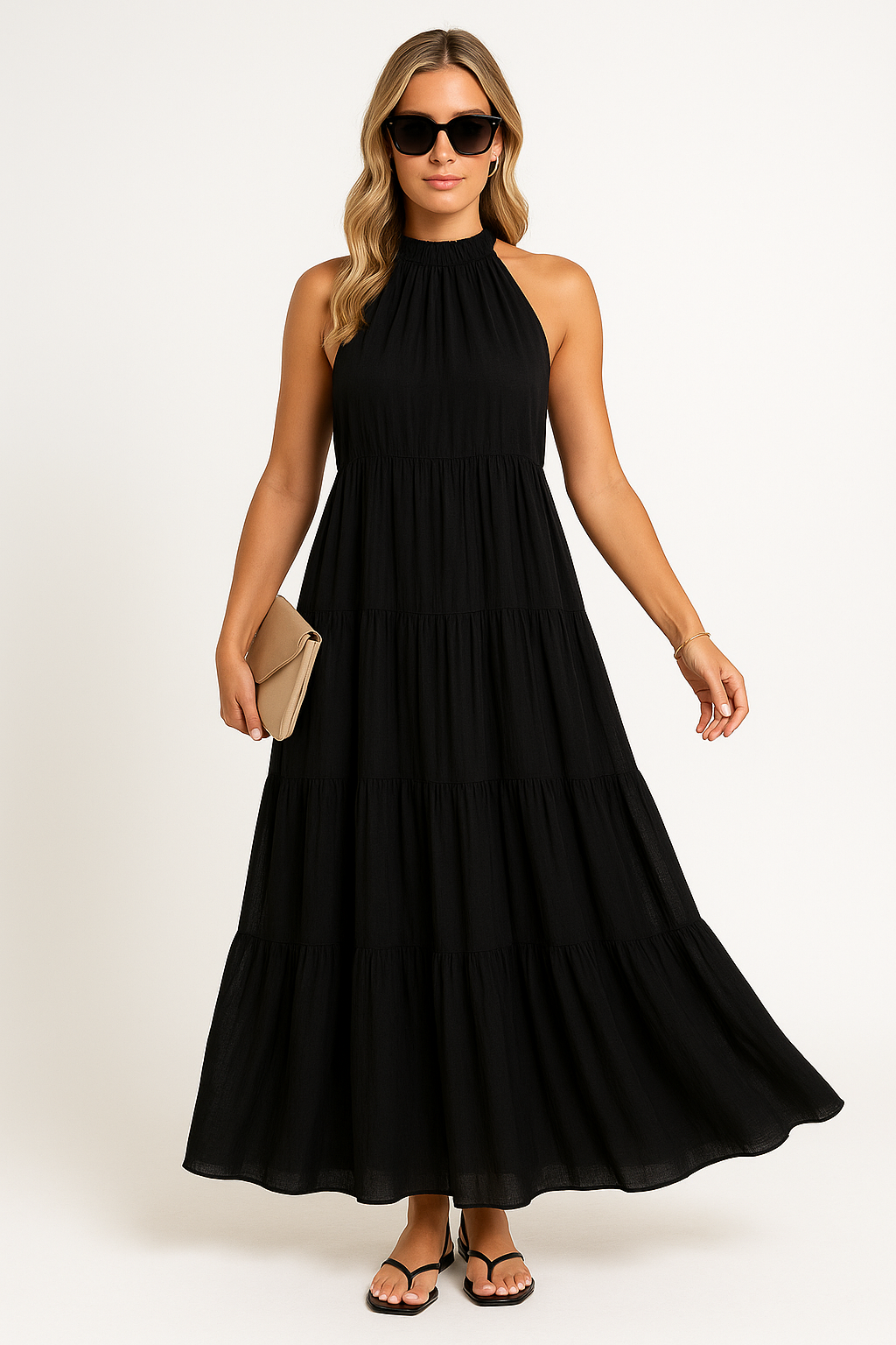 Damklänning halterneck – Lätt och luftig – Markerad midja – Maxilängd volangkjol