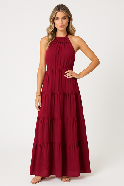 Damklänning halterneck – Lätt och luftig – Markerad midja – Maxilängd volangkjol