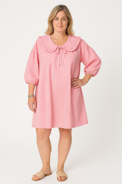 Damklänning A-linje – Bomull – Rutig – Rynkad Peter Pan-krage – Ballongärm
