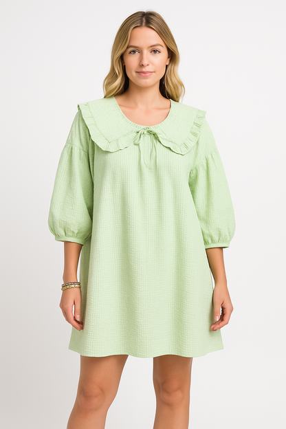 Damklänning A-linje – Bomull – Rutig – Rynkad Peter Pan-krage – Ballongärm