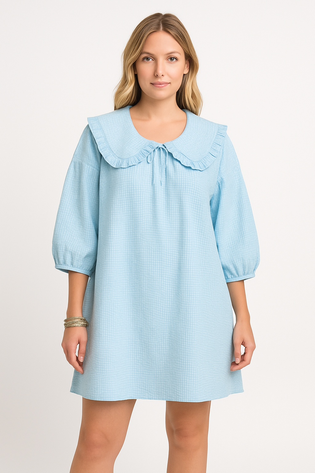 Damklänning A-linje – Bomull – Rutig – Rynkad Peter Pan-krage – Ballongärm