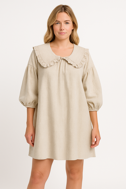 Damklänning A-linje – Bomull – Rutig – Rynkad Peter Pan-krage – Ballongärm