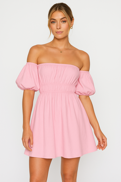 Damklänning – Off Shoulder – Puffärm – A-linje Mini – Resårmidja – Lätt Tyg