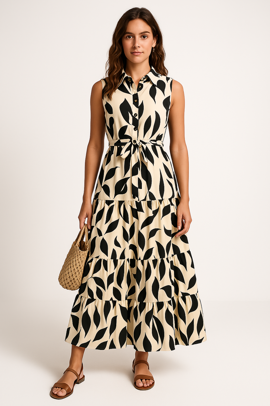 Damklänning – Lång modell – Ärmös med krage – Volangkant – Bladmönster