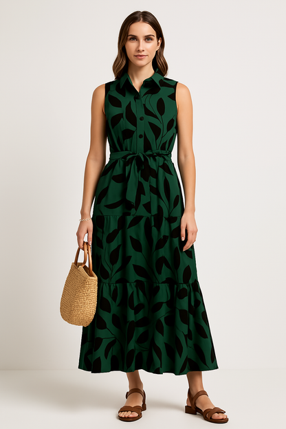 Damklänning – Lång modell – Ärmös med krage – Volangkant – Bladmönster