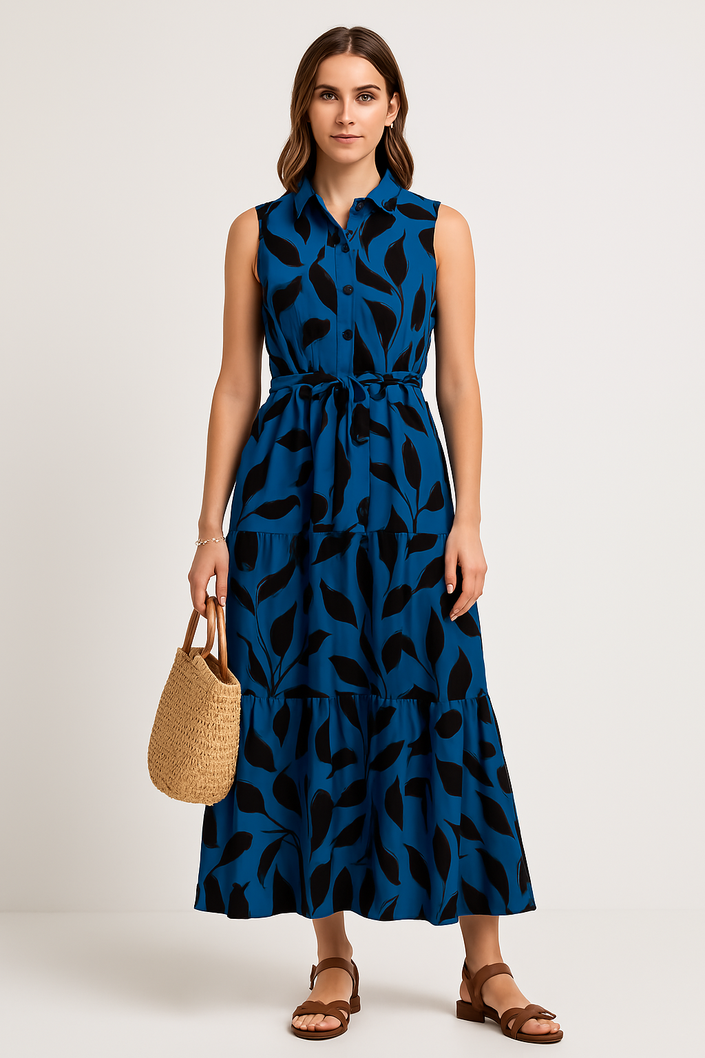 Damklänning – Lång modell – Ärmös med krage – Volangkant – Bladmönster