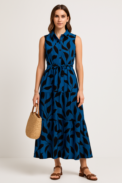 Damklänning – Lång modell – Ärmös med krage – Volangkant – Bladmönster