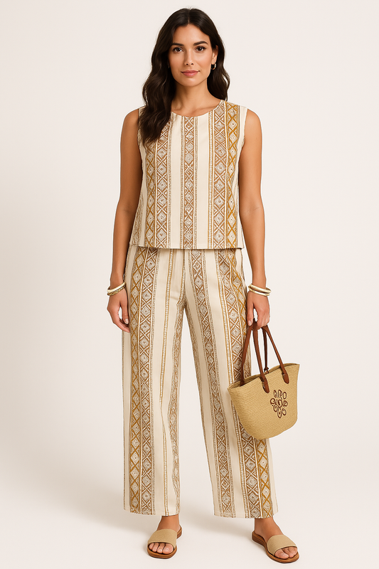 Damset topp och vida byxor – Avslappnad passform – Hög midja – Geometriskt mönster