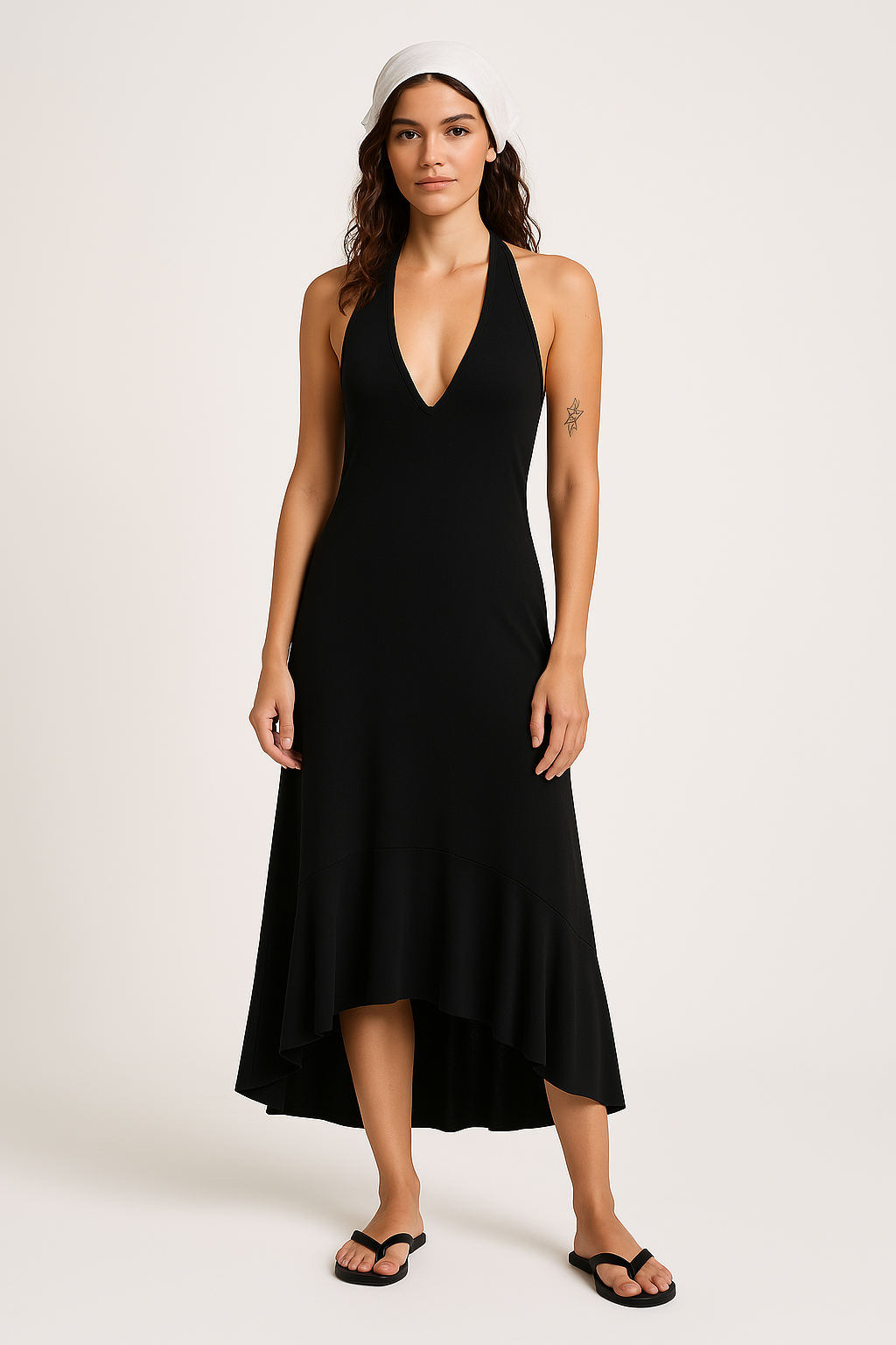 Damklänning maxi – V-ringad halterneck – Plisserad – Lätt och elegant passform