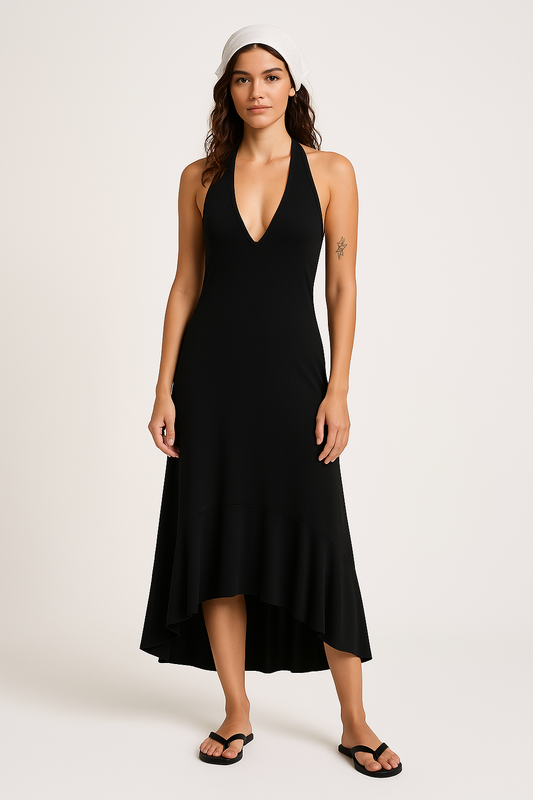 Damklänning maxi – V-ringad halterneck – Plisserad – Lätt och elegant passform