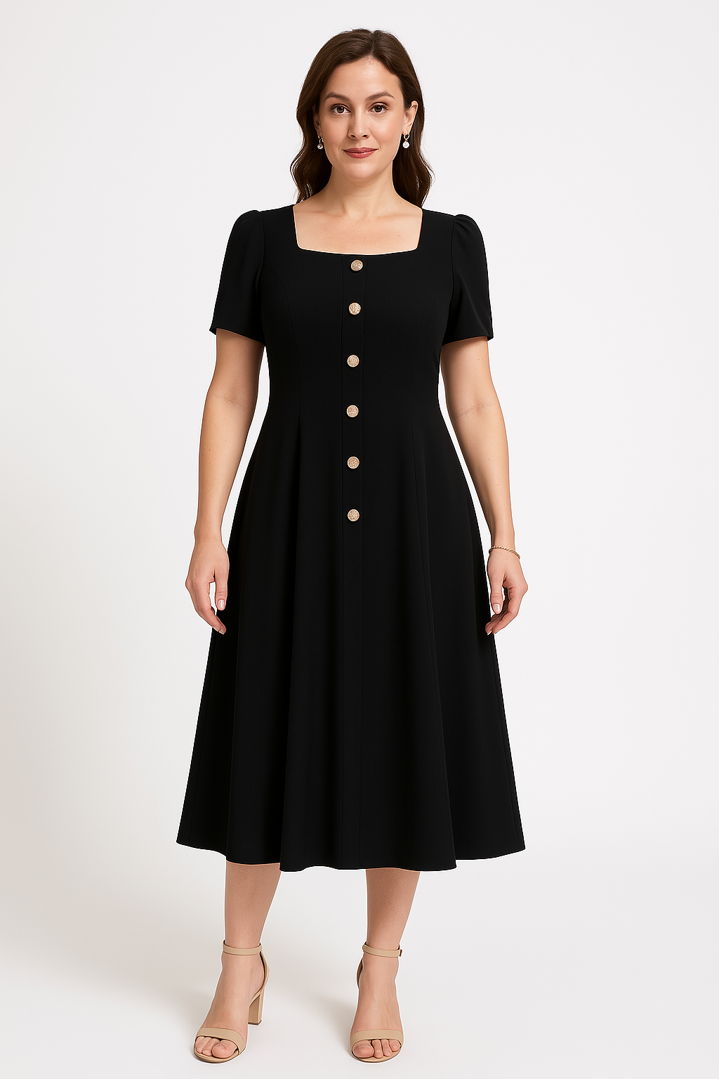 Damklänning – Stickad – Slim Fit – A-Linjeformad – Puffärm – Knäppning framtill