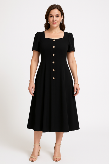 Damklänning – Stickad – Slim Fit – A-Linjeformad – Puffärm – Knäppning framtill