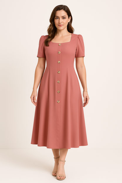 Damklänning – Stickad – Slim Fit – A-Linjeformad – Puffärm – Knäppning framtill