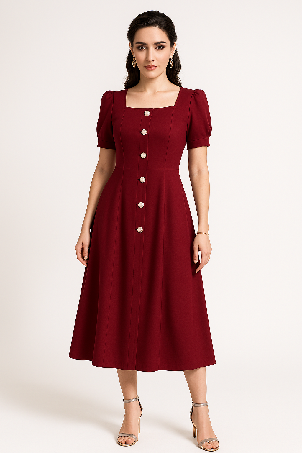 Damklänning – Stickad – Slim Fit – A-Linjeformad – Puffärm – Knäppning framtill