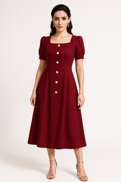 Damklänning – Stickad – Slim Fit – A-Linjeformad – Puffärm – Knäppning framtill