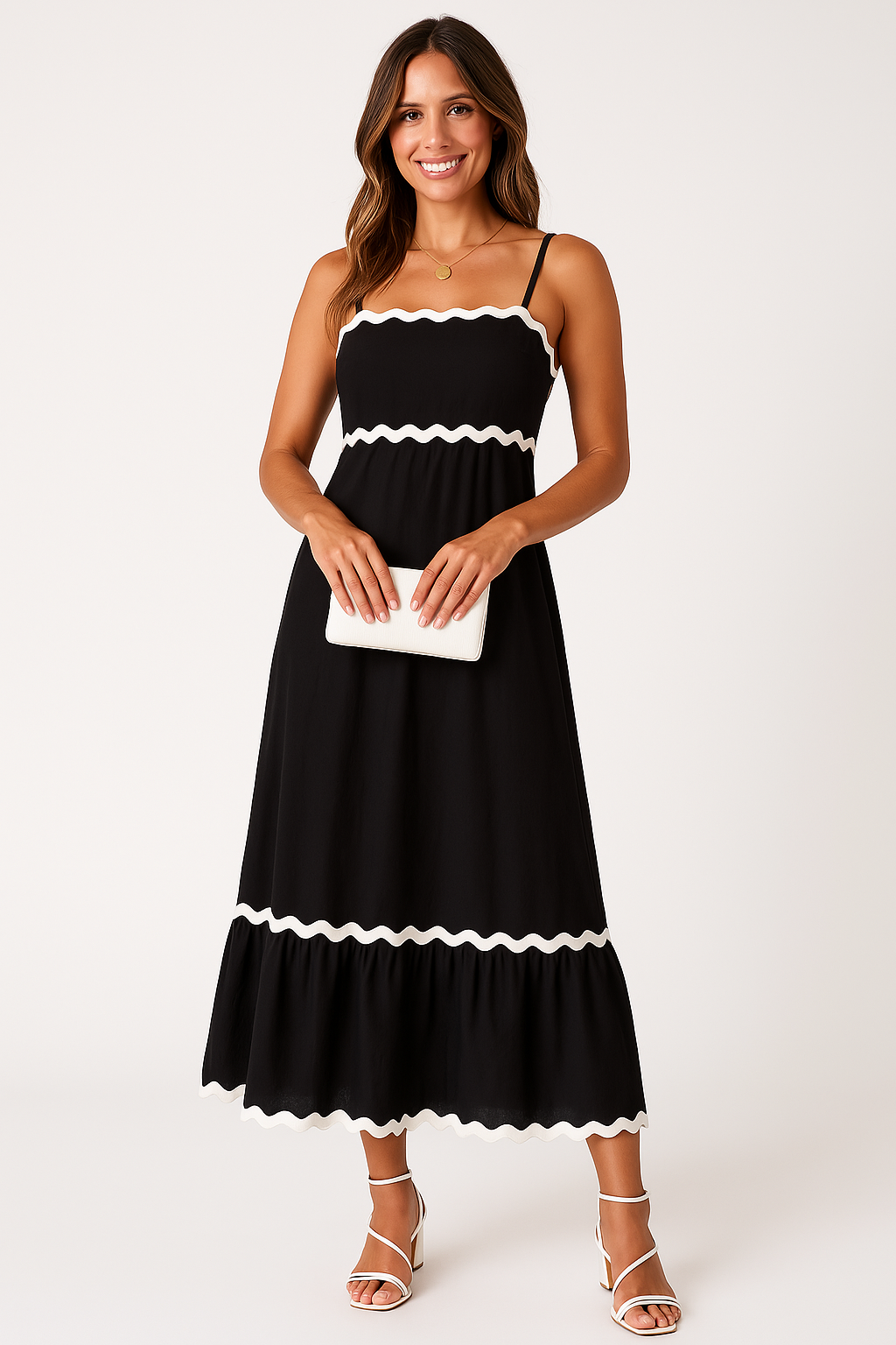 Damklänning maxi – A-linjeformad passform – Spagettiband – Bomull – Boho volangdetalj
