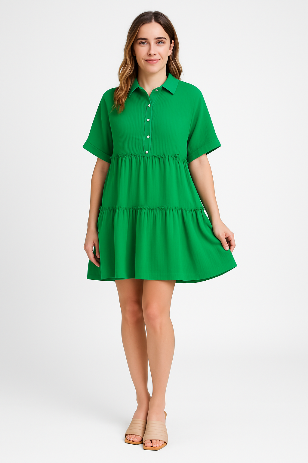 Damklänning mini – bomull linne – lös passform – kort ärm – volangskuren casual