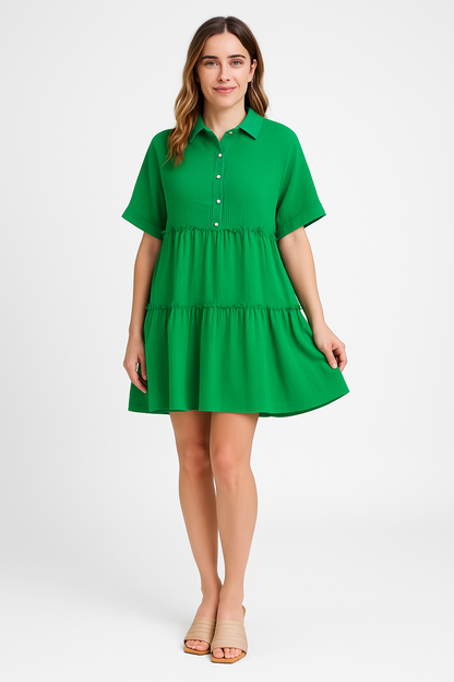 Damklänning mini – bomull linne – lös passform – kort ärm – volangskuren casual