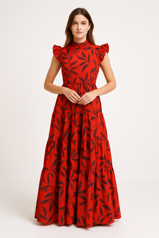 Damklänning i maxilängd – Smickrande A-linje – Volangärmar – Tierskiktad kjol – Djärvt mönster