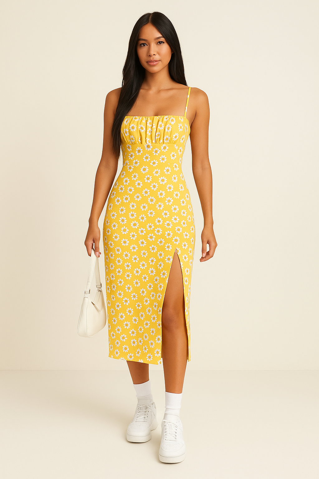 Damklänning midi – Smal passform – Spagettiband – Sidoslits – Blommigt mönster – Bomullsblandning