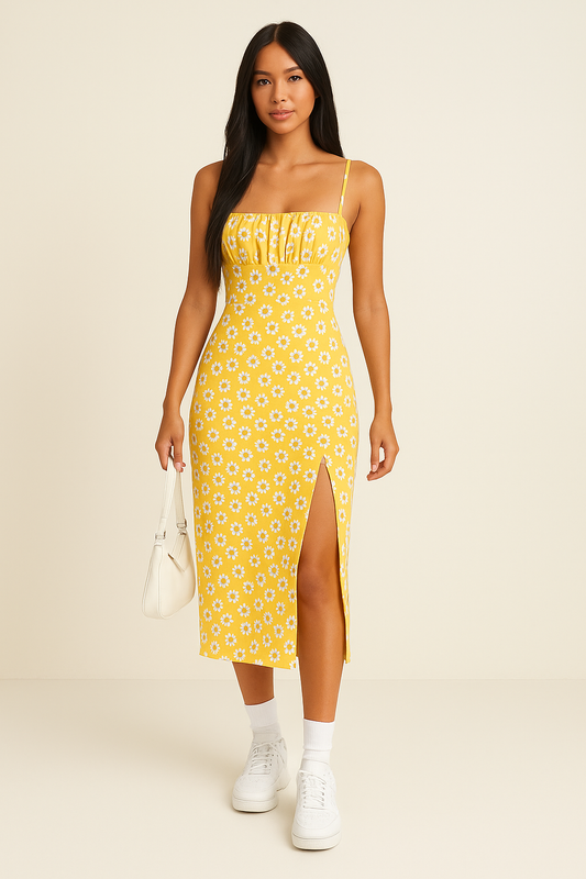Damklänning midi – Smal passform – Spagettiband – Sidoslits – Blommigt mönster – Bomullsblandning