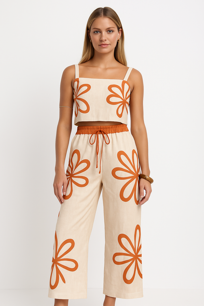 Damset i vida byxor – Lätt bomullsblandning – Avslappnad passform – Blommigt mönster