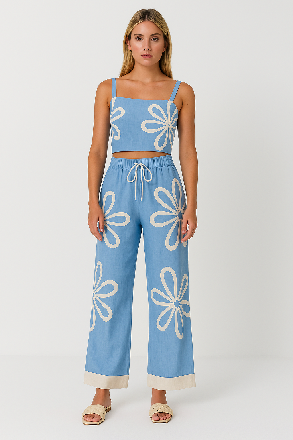 Damset i vida byxor – Lätt bomullsblandning – Avslappnad passform – Blommigt mönster