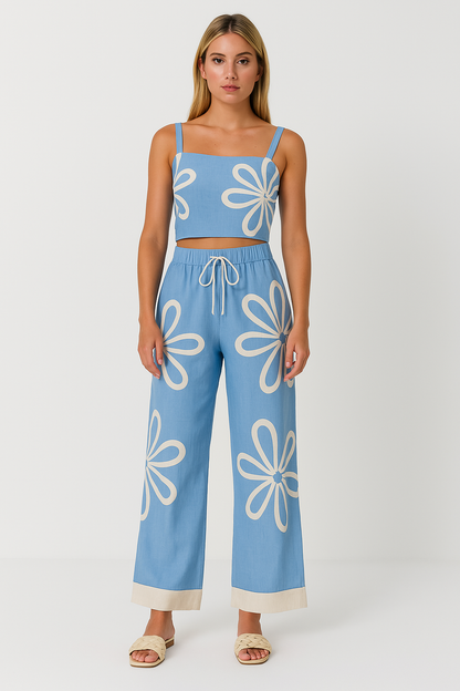 Damset i vida byxor – Lätt bomullsblandning – Avslappnad passform – Blommigt mönster