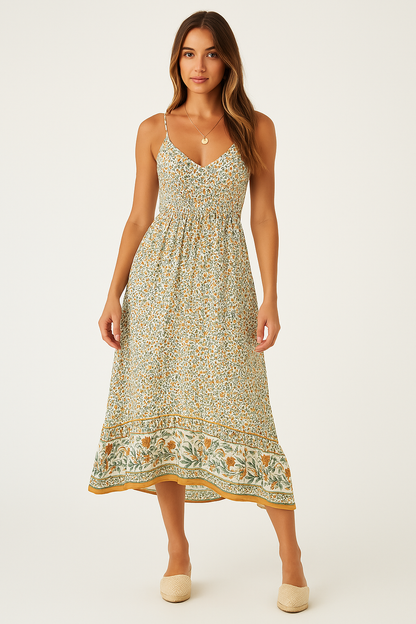 Damklänning maxi – V-ringning – Smala axelband – Bohemisk passform – Lätt tyg