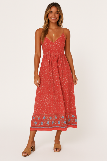 Damklänning maxi – V-ringning – Smala axelband – Bohemisk passform – Lätt tyg