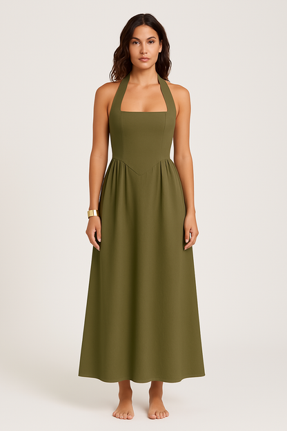 Damklänning – Halterneck – Figurnära Liv – Vid Maxikjol – Lätt och Elegant