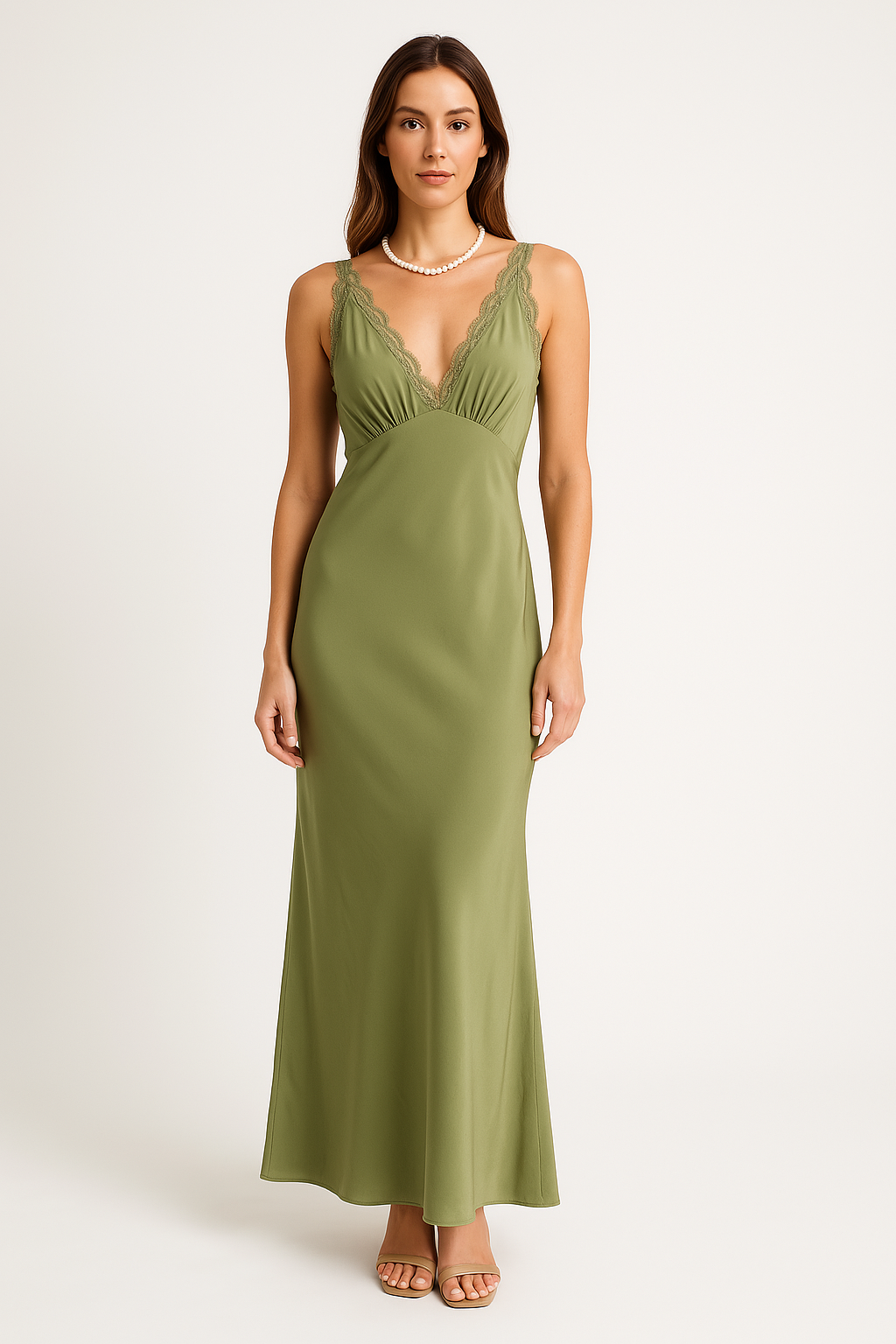 Damklänning – Satintyg – Smal passform – Ärmös V-ringning med spetsdetalj